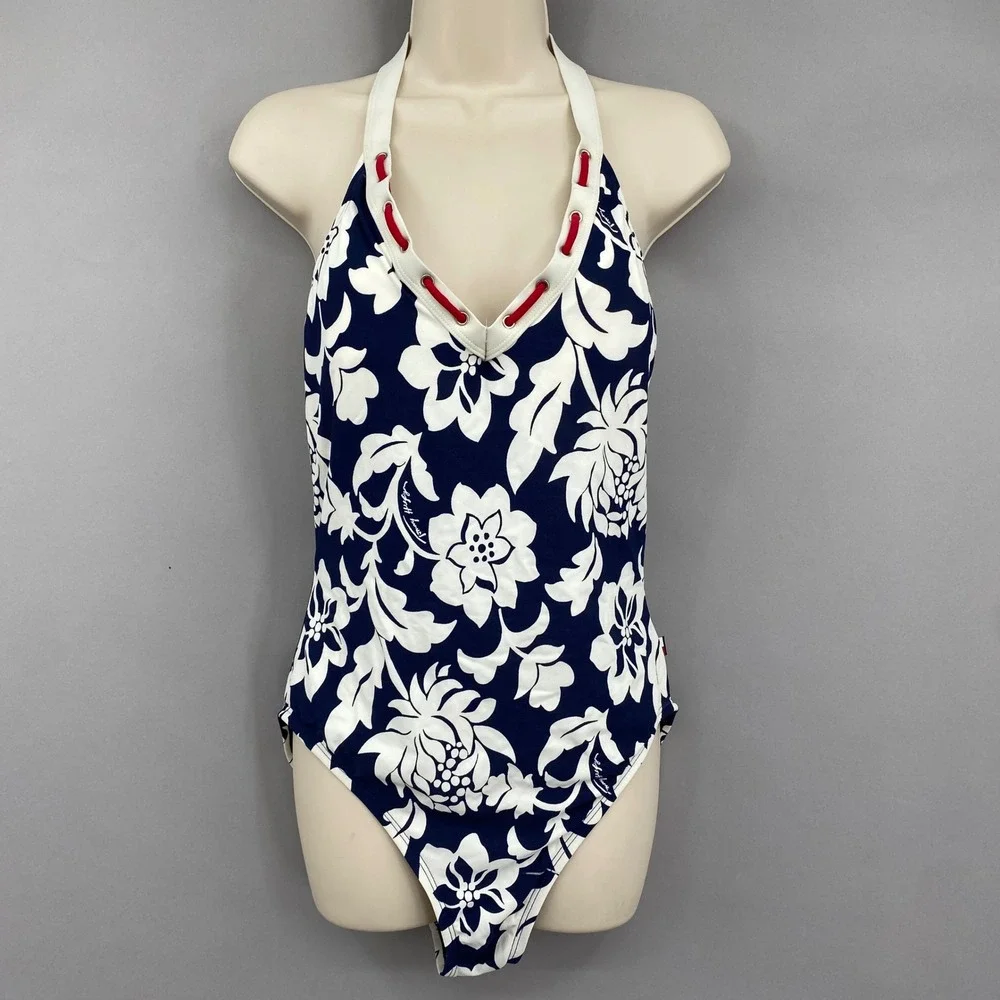 Tommy Hilfiger Floral Halter One Piece Swimsuit Womens 14 Navy White Nautical
